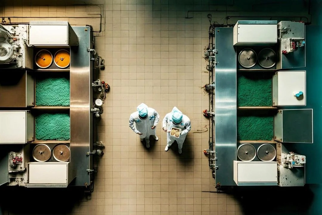 2 people standing in the middle of food processor